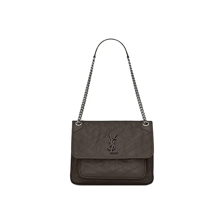 SAINT LAURENT Niki Leather Hobo Bag Shoulder Bag Crossbody Bag Medium Size Women's Gravel Gray With Khaki Accents-0