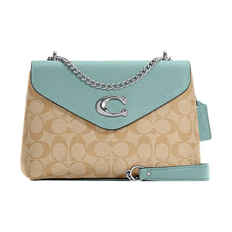 COACH Tammie Canvas With Leather Flap Bag One Shoulder Handbag Crossbody Bag Women's Lake Green Color-0