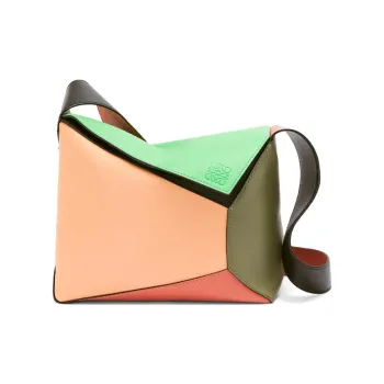 LOEWE Puzzle Smooth Calf Leather Hobo Sling Bag Fanny Pack Men's Apple Green/Pink Tulip