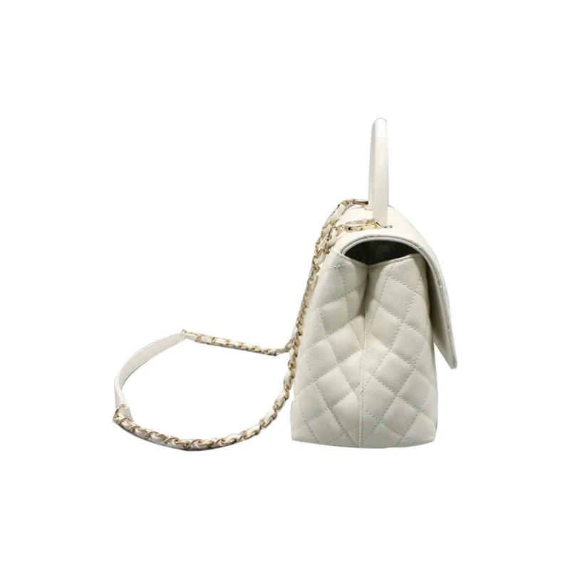 CHANEL Coco Handle Grain Embossed Calfskin Chain Bag, One Shoulder Handbag Women's White-2