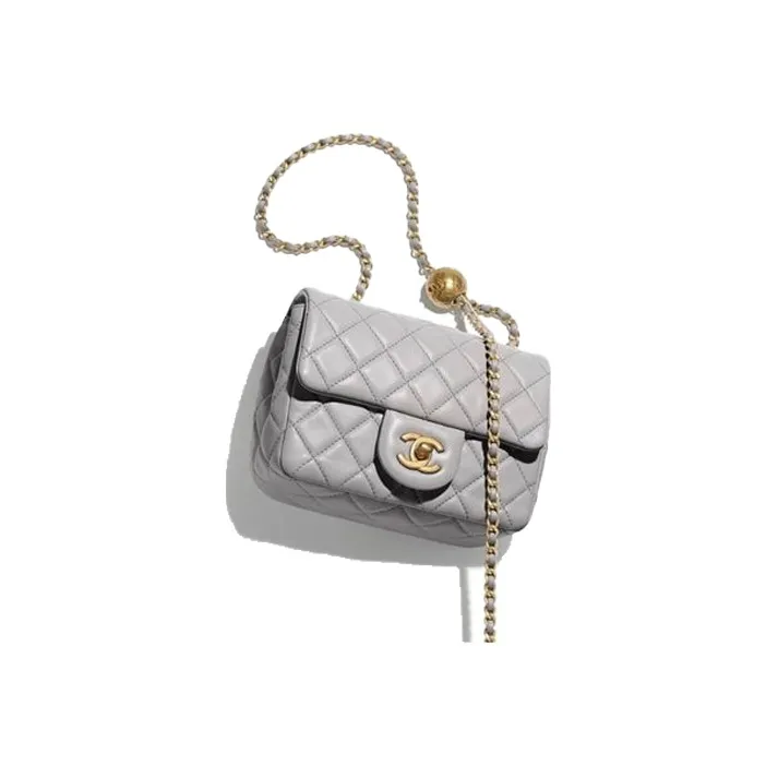 CHANEL Sheepskin Mini Square Flap Bag Chain Bag Crossbody Bag Shoulder Bag Women's Light Gray-2