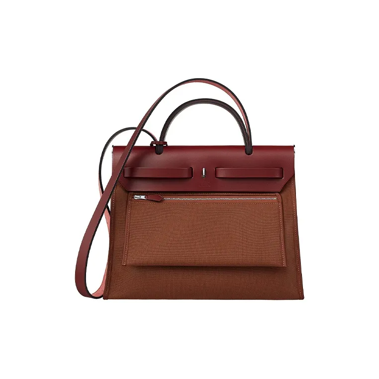 HERMES Herbag Zip Cowhide Patchwork Canvas Handbag Shoulder Bag Crossbody Bag Women's Burgundy/Dark Brown-2