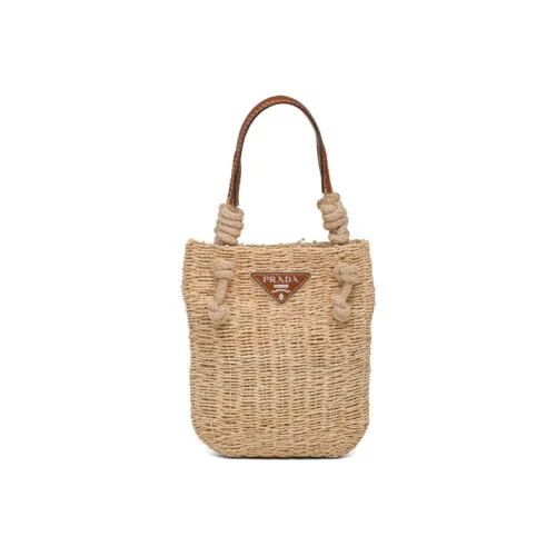 PRADA Fiber Patchwork Leather One Shoulder Handbags Women's Beige Patchwork Cognac
