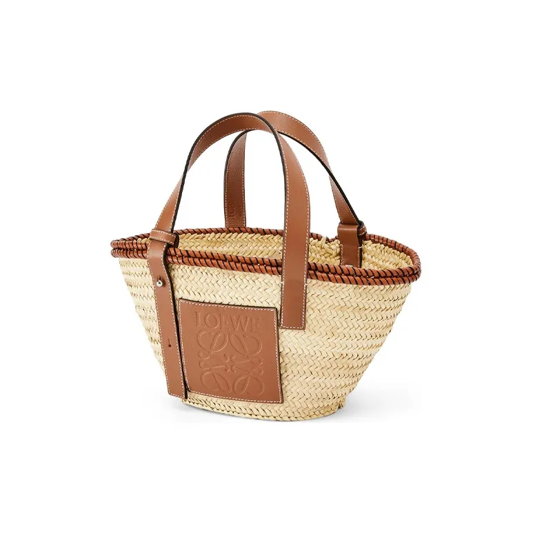 LOEWE Basket Palm Leaf With Calfskin Vacation Bag One Shoulder Handbag Small Size Women's Brown-1
