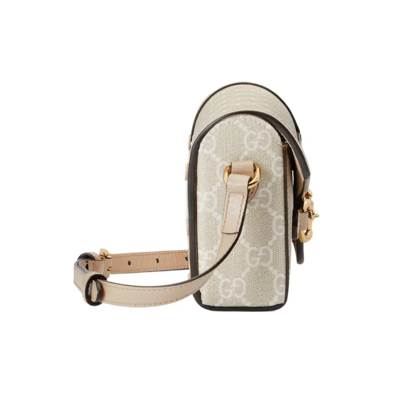 GUCCI Horsebit 1955 Canvas With Leather Trim Box Bag Shoulder Bag Crossbody Bag Mini Women's Beige/White-2