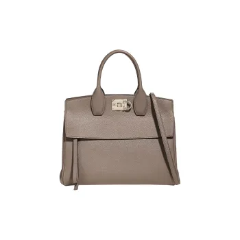 FERRAGAMO Studio Grained Cow Leather Shopping Bag Medium Size Women's Beige