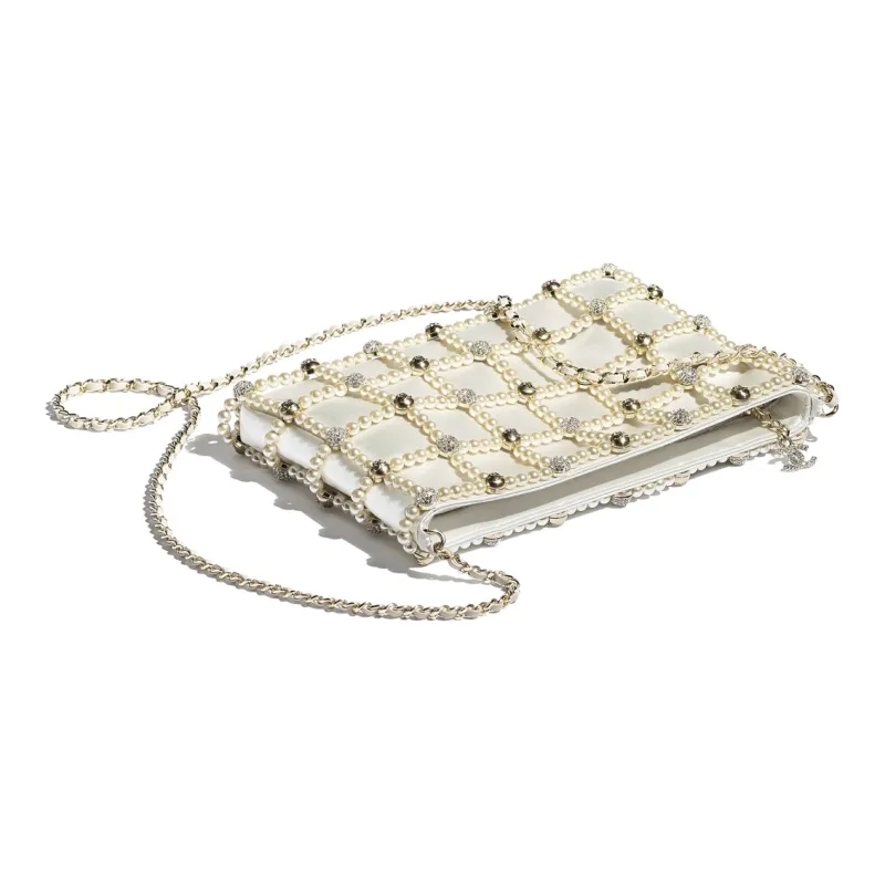 CHANEL Satiny Glass Pearl And Gold Metal Clutch Women's White-2