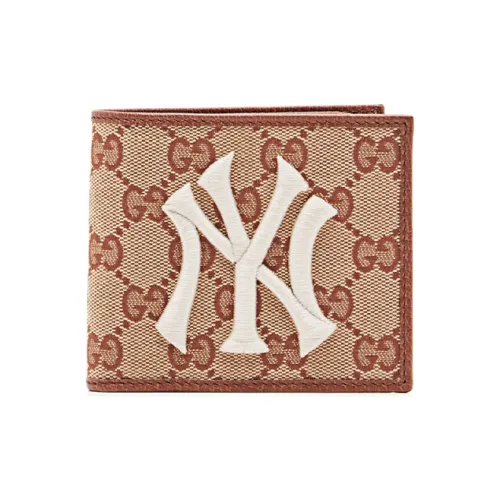 GUCCI NY Yankees New York Yankees Canvas With Leather Canvas Bag Wallets Unisex Brown