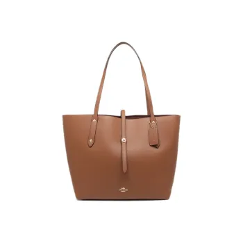 COACH Market Tote Polished Grain Leather Tote Bag, Handbag, Shoulder Bag Tubas Women's Saddle & Saffron & Brown