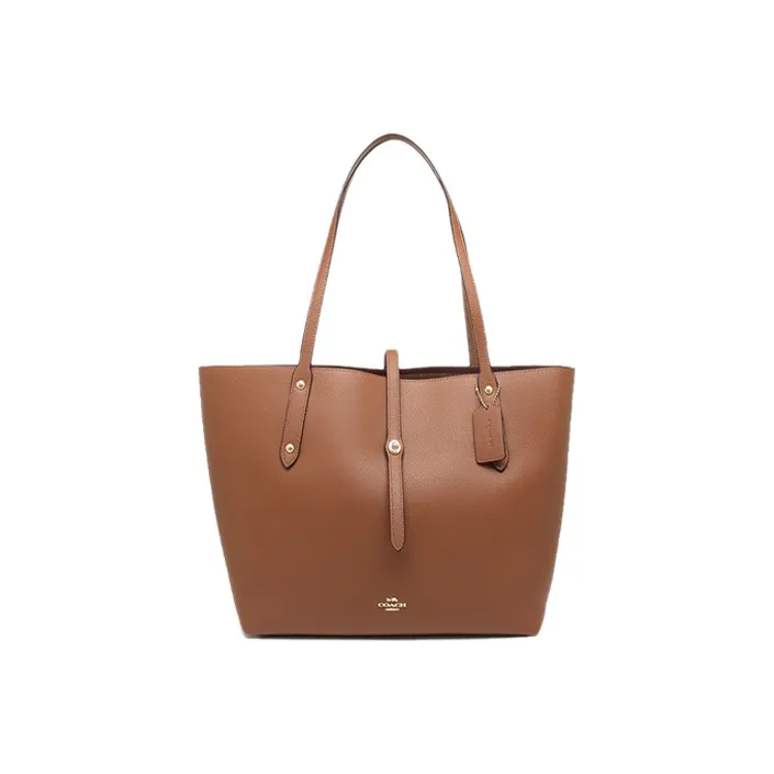COACH Market Tote Polished Grain Leather Tote Bag, Handbag, Shoulder Bag Tubas Women's Saddle & Saffron & Brown-0