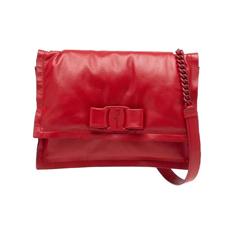 FERRAGAMO Cow Leather Pillow Bag Chain Crossbody Bag Shoulder Bag Women's Red-0