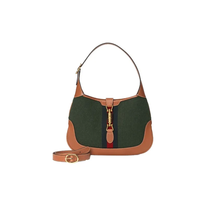 GUCCI Jackie 1961 Canvas With Leather Trim Crescent Shoulder Bag Shoulder Bag Women's Dark Green With Brown Accents-0