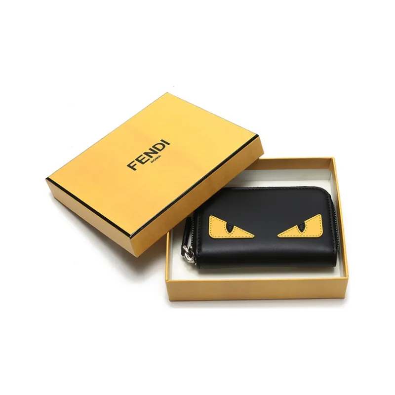 FENDI Calfskin Zipper Coin Purses Men's Black/Yellow-6