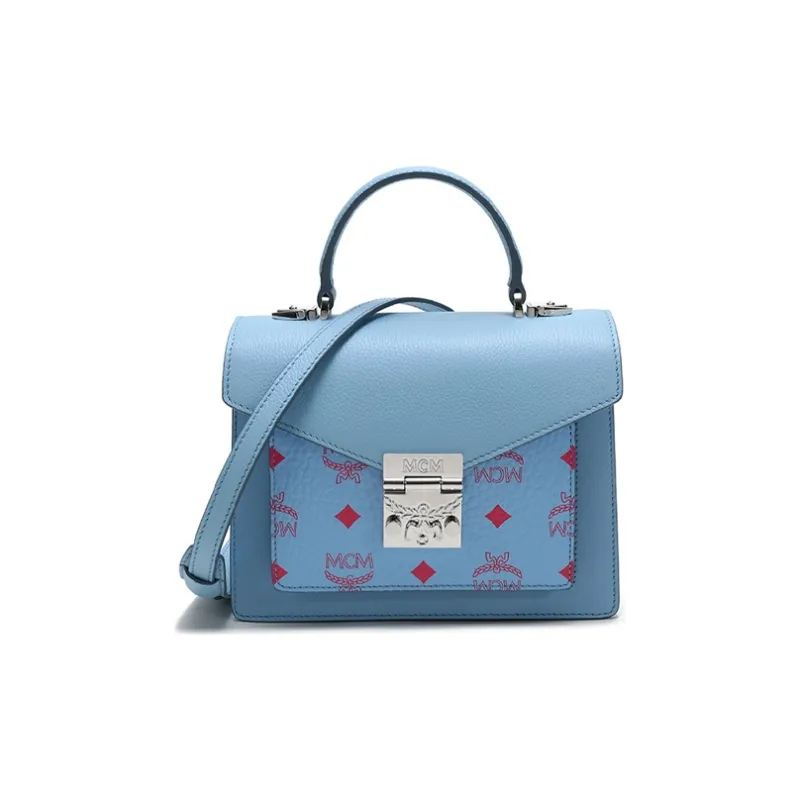 MCM Patricia Visetos Cow Leather With Coated Canvas Crossbody One Shoulder Handbags Regular Women's Light Blue-0