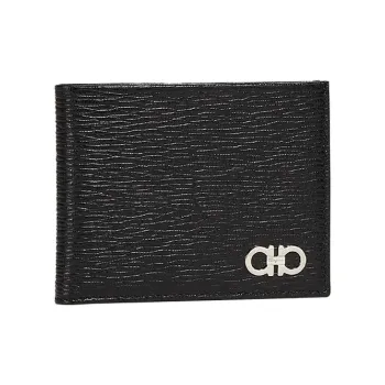 FERRAGAMO GANCINI Stamped Calfskin Wallet Unisex Black