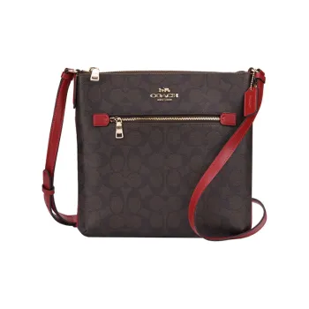 COACH Rowan Canvas With Leather Film Bag Document Bag Crossbody Bags Shoulder Bags Medium Size Women's Dark Brown & Red