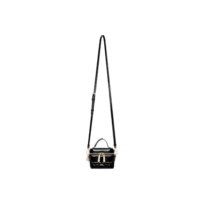 DIOR Lady Dior Patent Leather Cowhide Makeup Bag One Shoulder Handbag Extra Mini Women's Black-4
