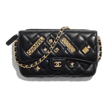 CHANEL Lambskin Chain Crossbody Cell Phone Pouch Women's Black & Gold