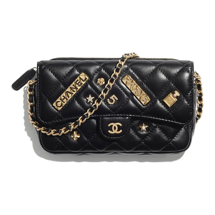 CHANEL Lambskin Chain Crossbody Cell Phone Pouch Women's Black & Gold-0