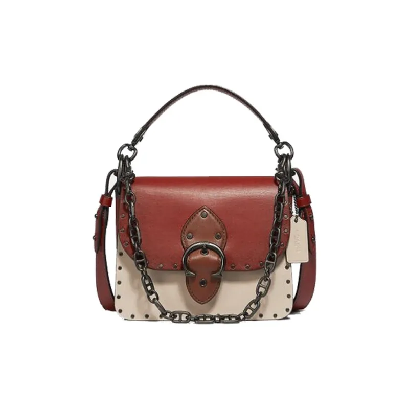 COACH Beat Leather Square Bag, One Shoulder Handbag, Crossbody Bag Small Size Women's Red White-0