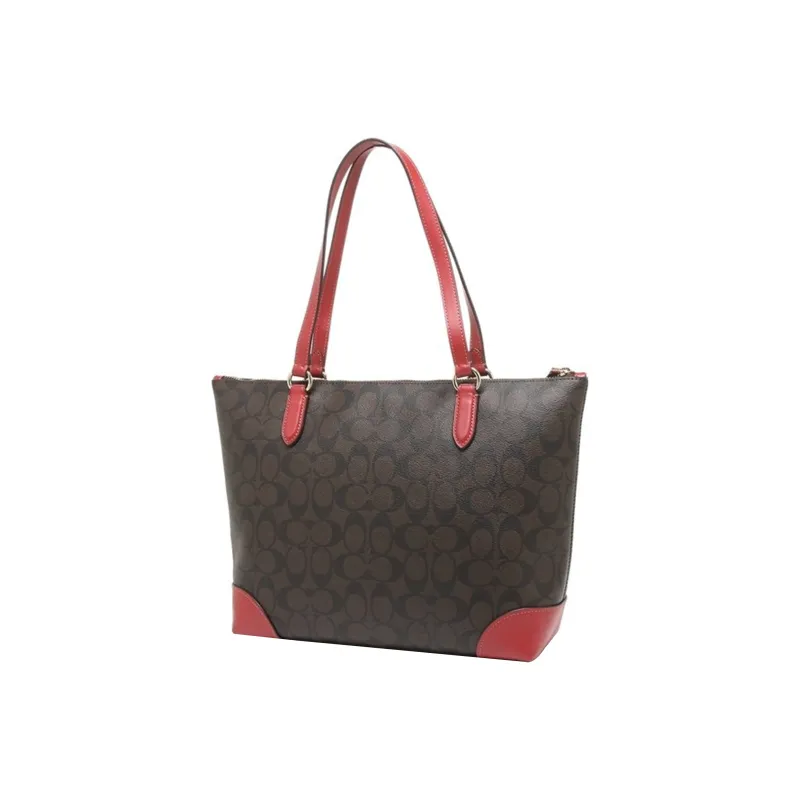 COACH Zip Top Tote Canvas With Leather Tote Bag Shopping Bag Crossbody Bag Shoulder Bag Medium Size Women's Red & Brown-3
