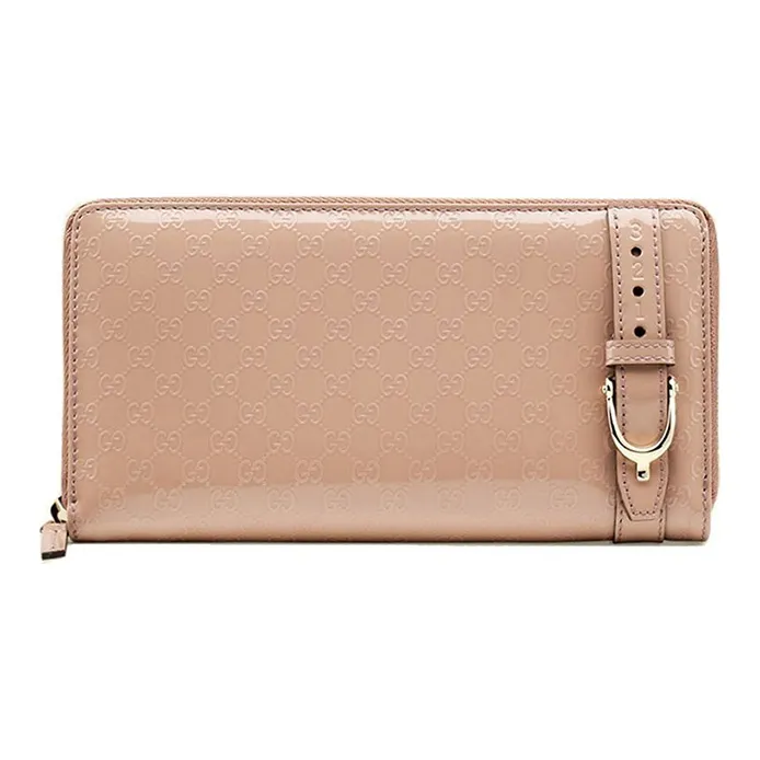 GUCCI Buckle Detail Patent Leather Long Zip Closure Wallet With Money Clip Women's Nude-0