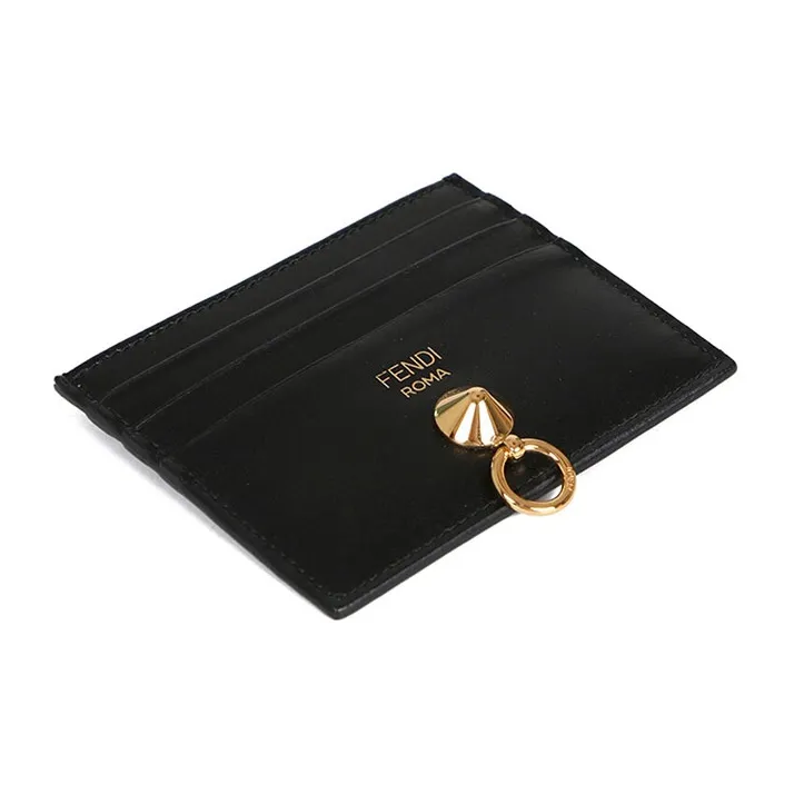 FENDI Leather Card Clip Card Holder Women's Black-1