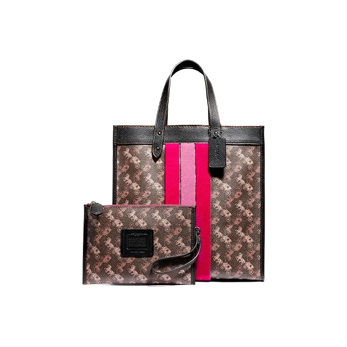 COACH Field Tote Bag Shopping Bag Handbag Shoulder Bag Large Size Women's Brown/Black With Pink-2