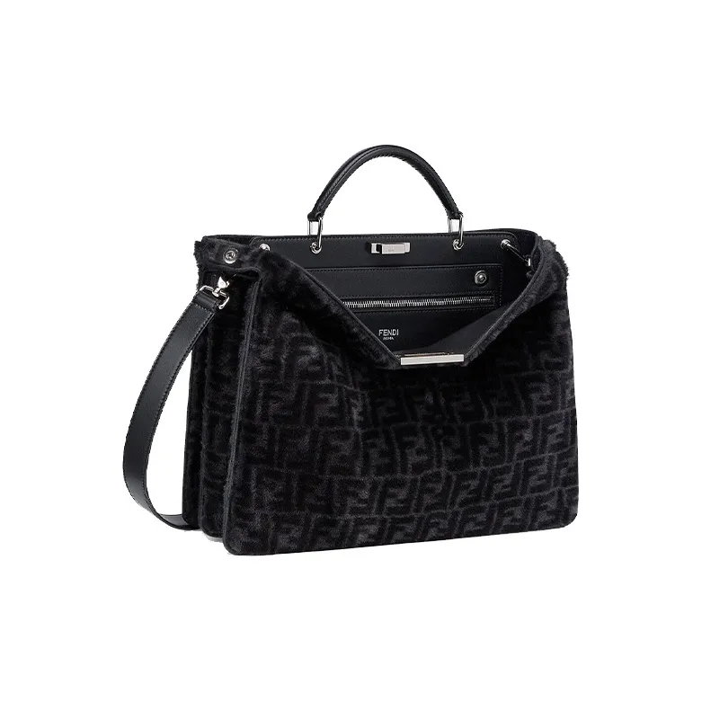 FENDI Peekaboo ISeeU Sheep Wool Calfskin Tote Bag Shoulder Bag Crossbody Bag Handbag Medium Size Men's Black-2