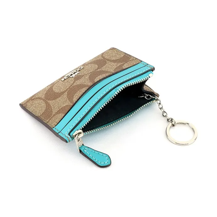 COACH Mini Id Skinny Leather Card Clip Card Holder Mini Women's Bright Blue & Brown Monogram-3