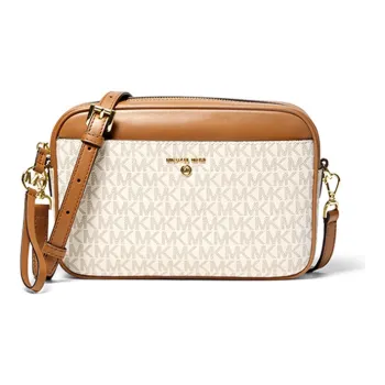 MICHAEL KORS Jet Set Charm Fabric MK Camera Bag, Crossbody Bag Large Size Women's White & Acorn Brown