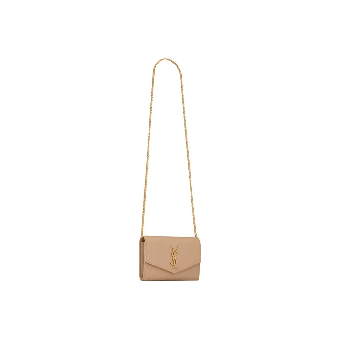 SAINT LAURENT UPTOWN Cow Leather Envelope Bag Chain Wallet Shoulder Bag Crossbody Bag Mini Women's Dark Beige-3