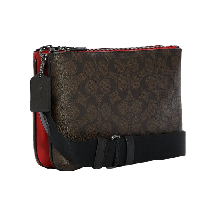 COACH Everett Leather With Canvas With Fabric Shoulder Bag, Crossbody Bag Large Size Men's Dark Brown & Red-2