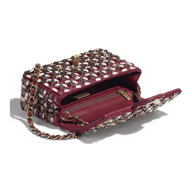 CHANEL Satin Sequin Glass Pearl Flap Bag Women's Pink & White-2