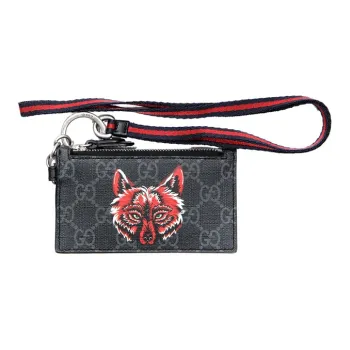 GUCCI Canvas With Leather Coin Purses Card Holders Men's Black Gray Color/Red