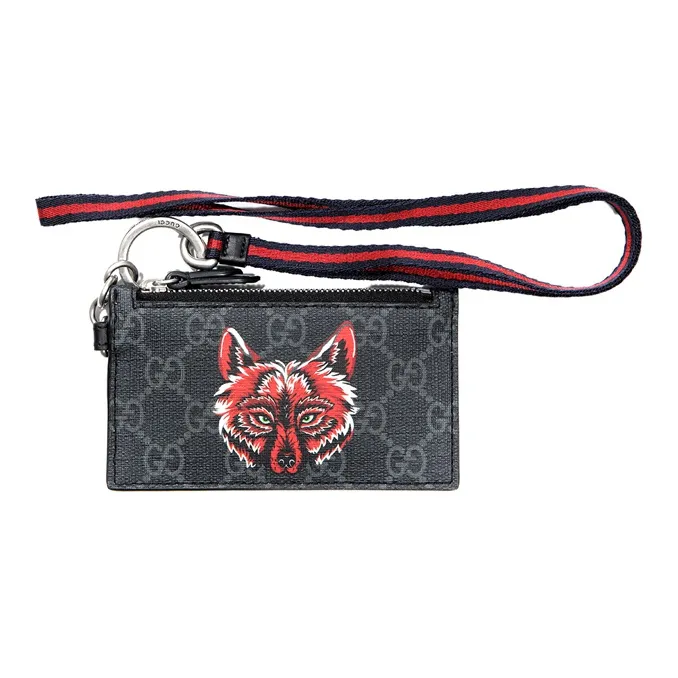GUCCI Canvas With Leather Coin Purses Card Holders Men's Black Gray Color/Red-0