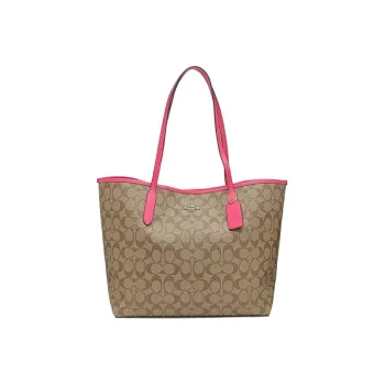 COACH City Canvas With Leather Tote Bag, Shopping Bag, Handbag, Shoulder Bag Tubas Women's Dark Brown/Rose Red