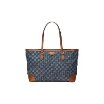 GUCCI Ophidia Denim With Leather Tote Bag, Shopping Bag, Shoulder Bag, Handbag Medium Size Women's Gray Blue/Brown