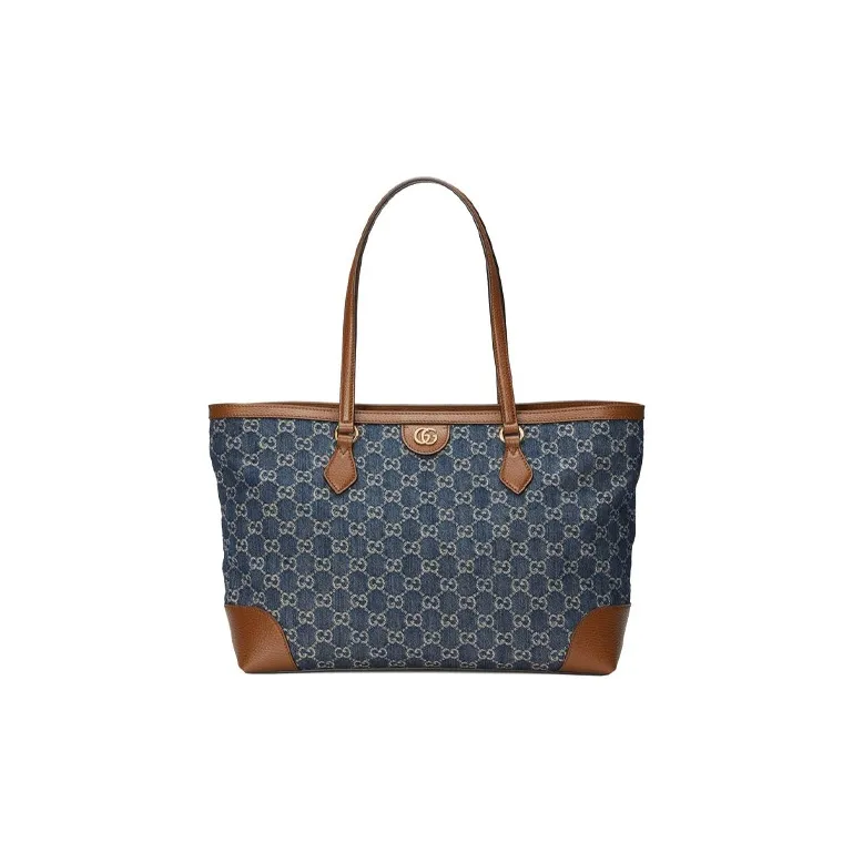GUCCI Ophidia Denim With Leather Tote Bag, Shopping Bag, Shoulder Bag, Handbag Medium Size Women's Gray Blue/Brown-0