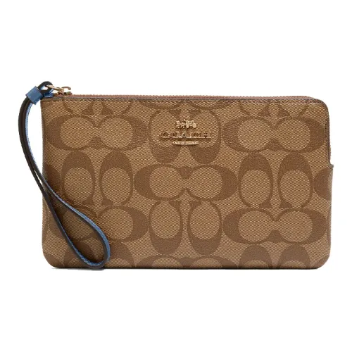 COACH Corner Zip Canvas With Leather Clutch Wrist Bag Small Size Women's Brown