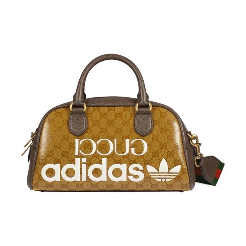 GUCCI Adidas Collaboration Leather Portable One Shoulder Travel Bag Mini Men's Brown Yellow-0