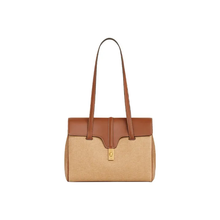 CELINE 16 Textile Cow Leather Handbag Shoulder Bag Tote Medium Size Women's Beige/Tan-1