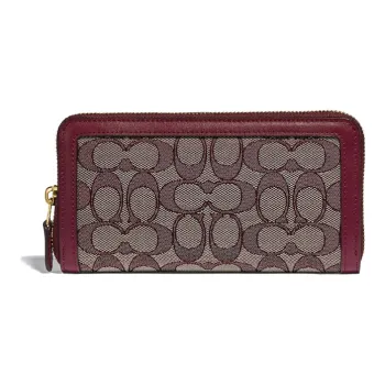 COACH Accordion Zip Jacquard Fabric With Solid Color Calfskin Clutches Wallets Small Size Women's Burgundy Black Peach