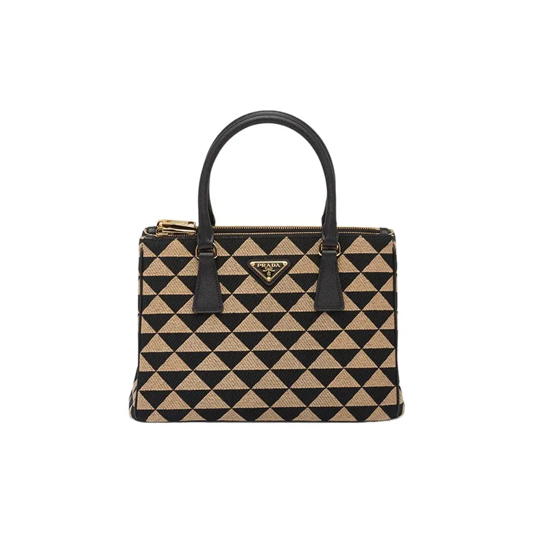 PRADA Galleria Killer Bag Embroidered Fabric Tote Bag Shopping Bag Small Size Women's Black/Beige Yellow-0
