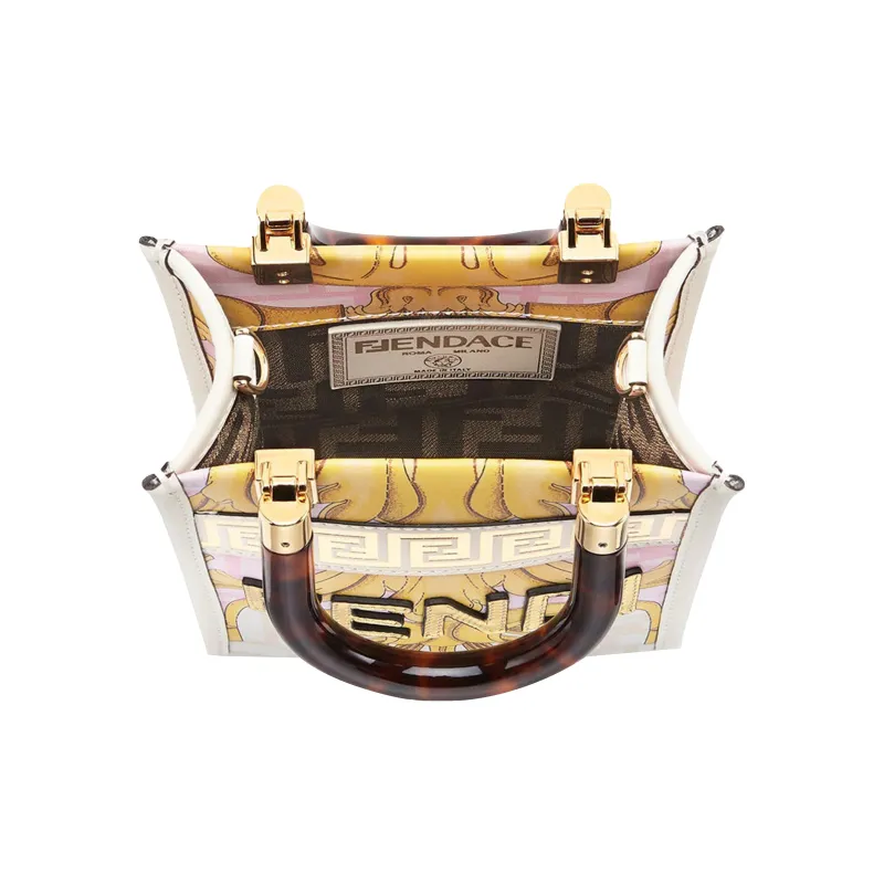 FENDI Versace Collaboration Cow Leather Shoulder Bag Crossbody Bag Handbag Mini Women's Gold/Pink White-3