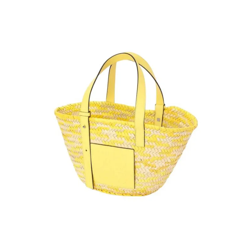 LOEWE Anagram Basket Palm Leaf Cow Leather Woven Tote Handbag Medium Size Women's Lemon-2
