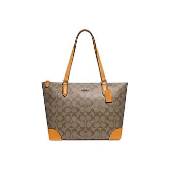 COACH Zip Top Tote Canvas Tote Bag Shopping Bag Handbag Shoulder Bag Medium Size Women's Brown With Orange Yellow