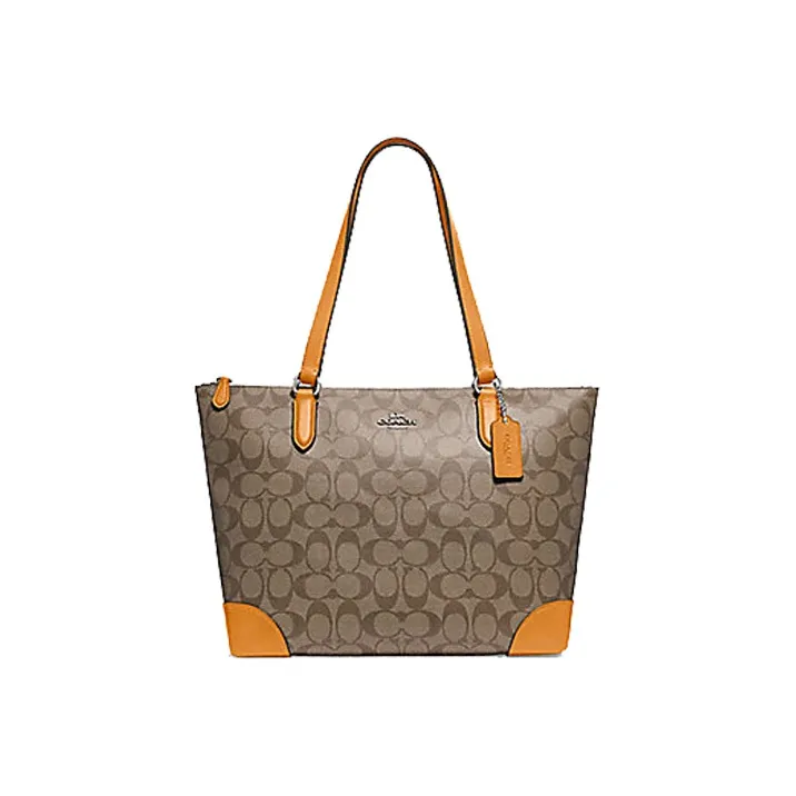 COACH Zip Top Tote Canvas Tote Bag Shopping Bag Handbag Shoulder Bag Medium Size Women's Brown With Orange Yellow-0