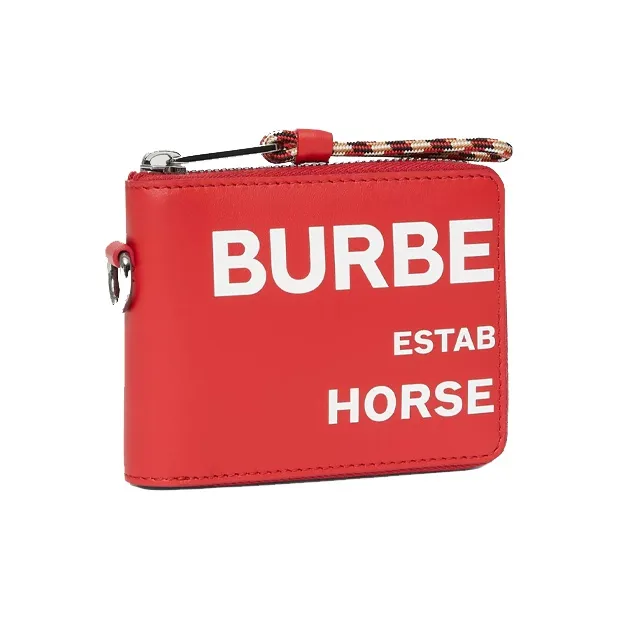 Burberry Horseferry Leather Full Zip Closure Money Clip Zip Closure Pouch Wallet Unisex Red/White-1