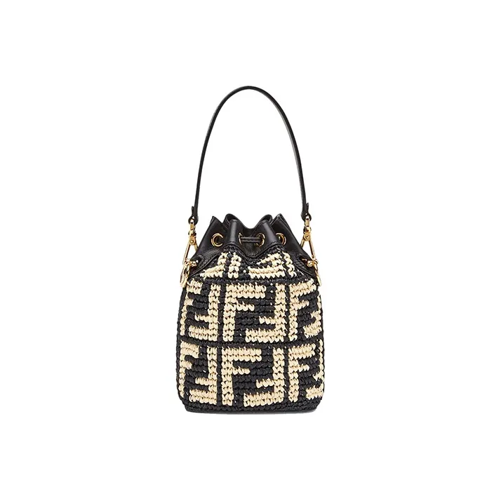 FENDI Mon Tresor Woven Raffia With Leather Handbag Mini Women's Black-2